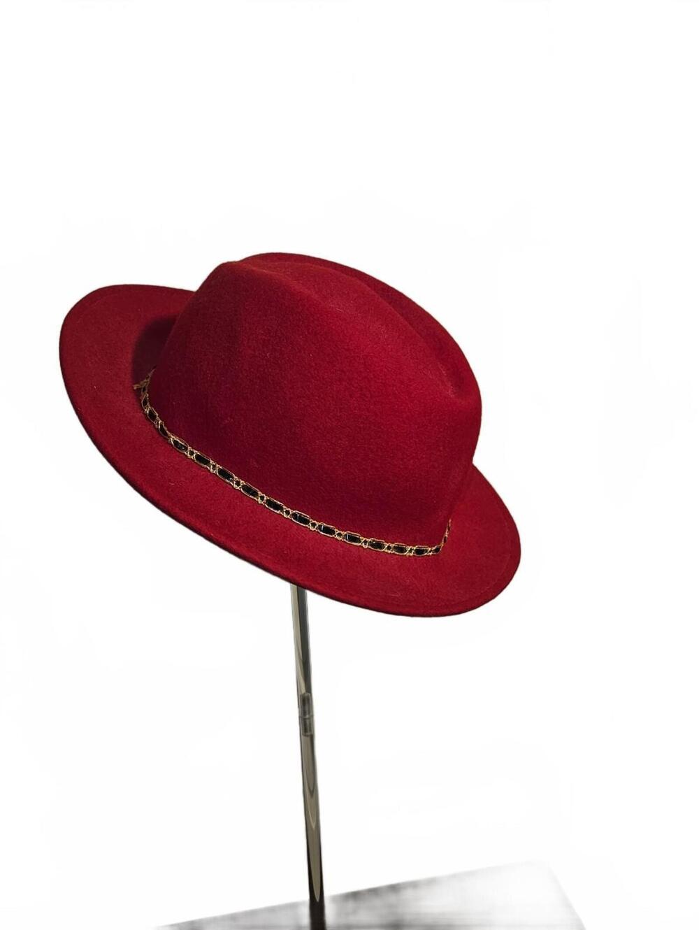 Red felt fedora with leopard band